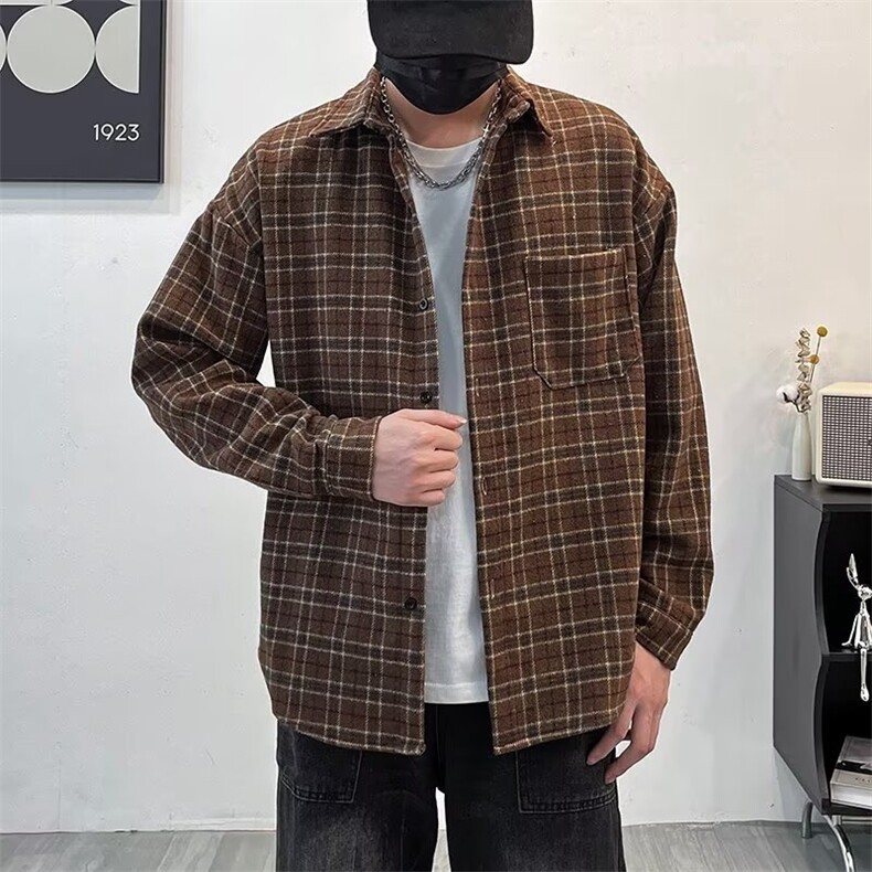 早秋复古宽松长袖衬衫男日系学院风格子休闲寸衣外套CC334,男装衬衫,星座1116A-1（原606A）