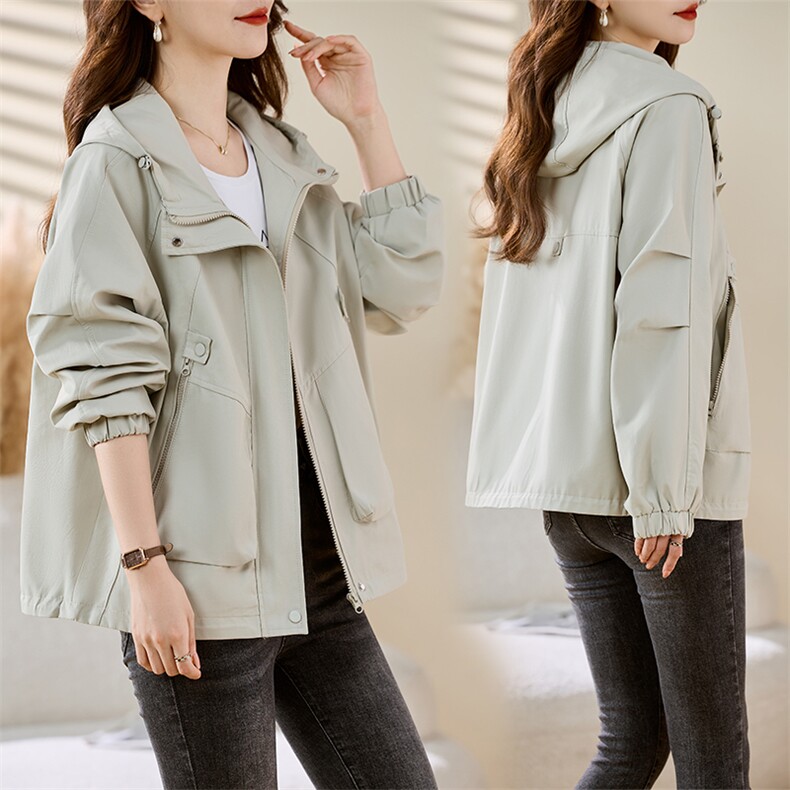 连帽拉链短风衣外套现货2025年春秋装新款休闲宽松外套女HZ0649，女装短外套，慕咨
