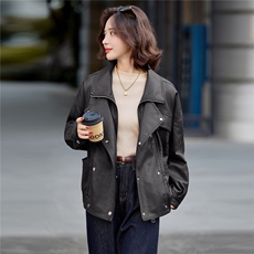 2025冬新加绒仿真皮皮衣女杨树林机车夹克宽松廓形泡皮短款外套，女装皮衣，潮流依族