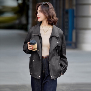 2025冬新加绒仿真皮皮衣女杨树林机车夹克宽松廓形泡皮短款外套图片