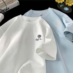 250克重磅开口笑破洞花卉刺绣冰丝短袖美式高街T恤JF254特P42控68