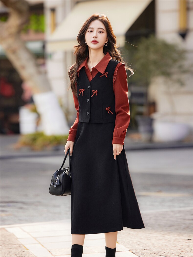 2026法式轻奢气质高级感拼接假两件连衣裙春季新款遮跨显瘦中长裙,女装连衣裙,姿萝菲