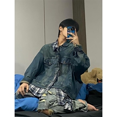 【有货】假两件牛仔外套男春秋格子衬衫拼接工装夹克JK8624HH-P85，男装夹克，星座1007（原301D）