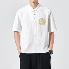 2021夏季中国风刺绣棉麻短袖T恤男日系复古上衣QT6005-TX66-P45，男装T恤，星座1112-5（原712-5）