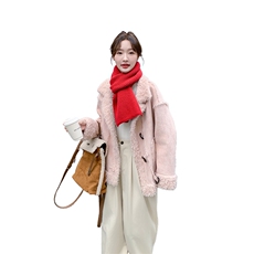 粉色牛角扣皮毛一体外套女秋冬超火好看高级感加绒加厚羊羔毛夹克，女装羊羔毛/颗粒绒，浙宝069