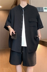 TZ85960/P60夏季短袖立领套装男五分袖衬衣潮短裤男大码两件套，男装休闲套装，电商A141
