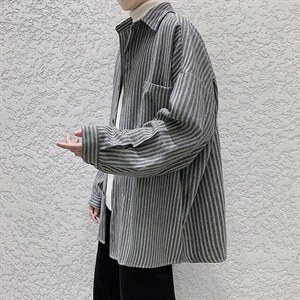 港风复古条纹衬衫加厚男慵懒宽松加大码胖子毛呢衬衣外套DX126P60图片