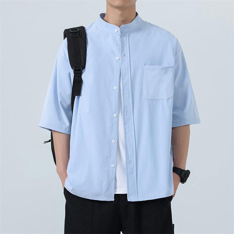 夏装立领短袖衬衫男纯色冰丝垂感大码衬衣CS604P28，男装T恤，电商C323
