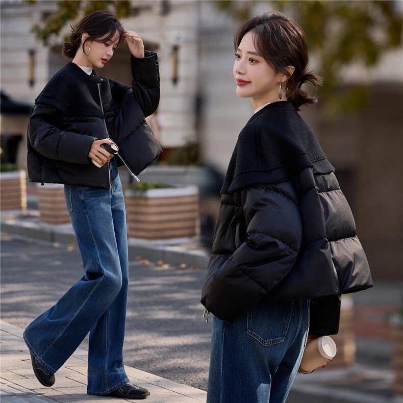 黑色短款休闲拼接羽绒服女2026冬季新款圆领休闲百搭上衣,女装羽绒服,梦懿尔