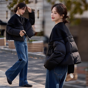 黑色短款休闲拼接羽绒服女2026冬季新款圆领休闲百搭上衣图片