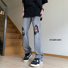 美式高街拉链ins直筒破洞牛仔裤货号K753P60，男装牛仔裤，电商A063