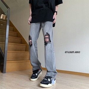 美式高街拉链ins直筒破洞牛仔裤货号K753P60图片