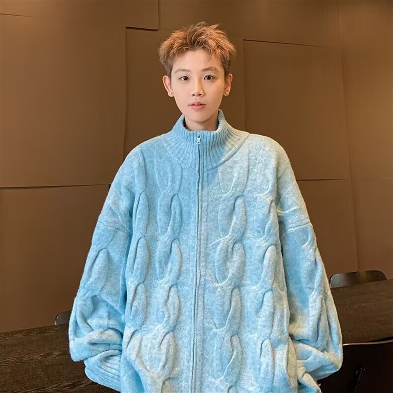 美式复古蓝色麻花拉链开衫毛衣男冬季潮牌宽松休闲慵懒针织衫外套,男装针织衫/毛衣,星座1013