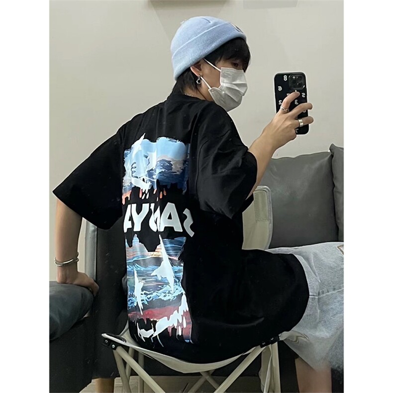 抖音得物210克现货宽松纯棉美式潮牌印花落肩袖纯棉T恤AT21137,男装T恤,电商A443