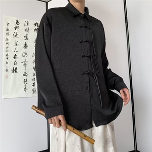 中式风衬衫高级感痞帅长袖外套小众设计感潮牌衬衣男士中山装图片