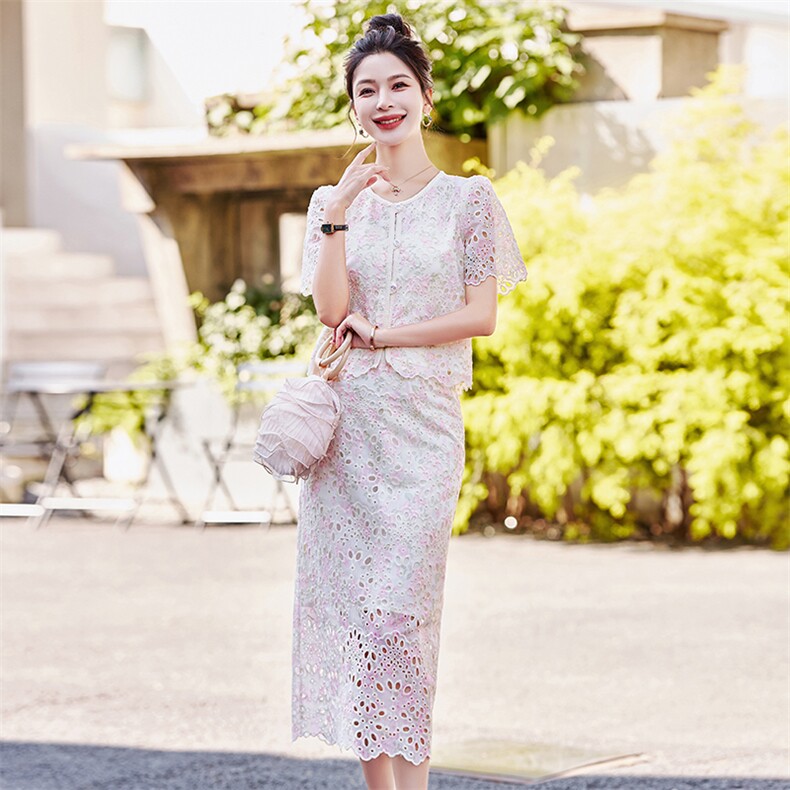 小香风刺绣蕾丝连衣裙女2025夏季新款高级感法式气质名媛两件套装,女装套装/套裙,慕依路