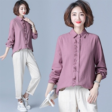 木耳边衬衫女长袖2025秋韩版宽松百搭轻熟上衣纯棉加厚打底衬衣潮，女装衬衫，风姿绰