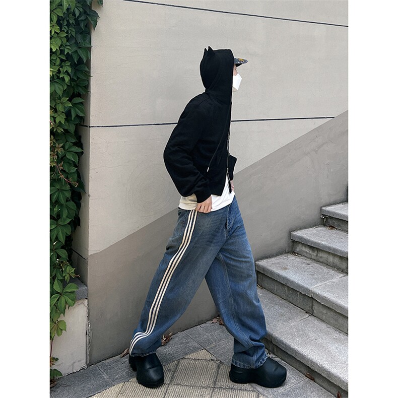 B221美式ins高街小众宽松三条杠运动牛仔裤LK23130-P60控78,男装牛仔裤,电商B221