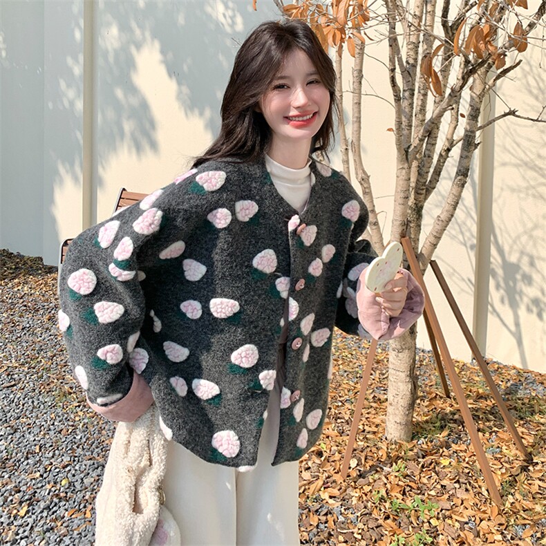 灰色立体花朵毛呢外套女2025冬季新款韩系高级感气质加厚呢子上衣,女装派克服,2D034