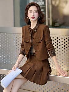 撞色拼接豹纹套装裙女2025秋新款洋气小个子减龄百褶裙两件套图片