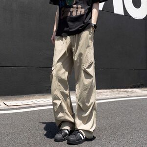 卡其色褶皱伞兵工装裤男夏季薄款美式速干裤子宽松阔腿直筒休闲裤图片