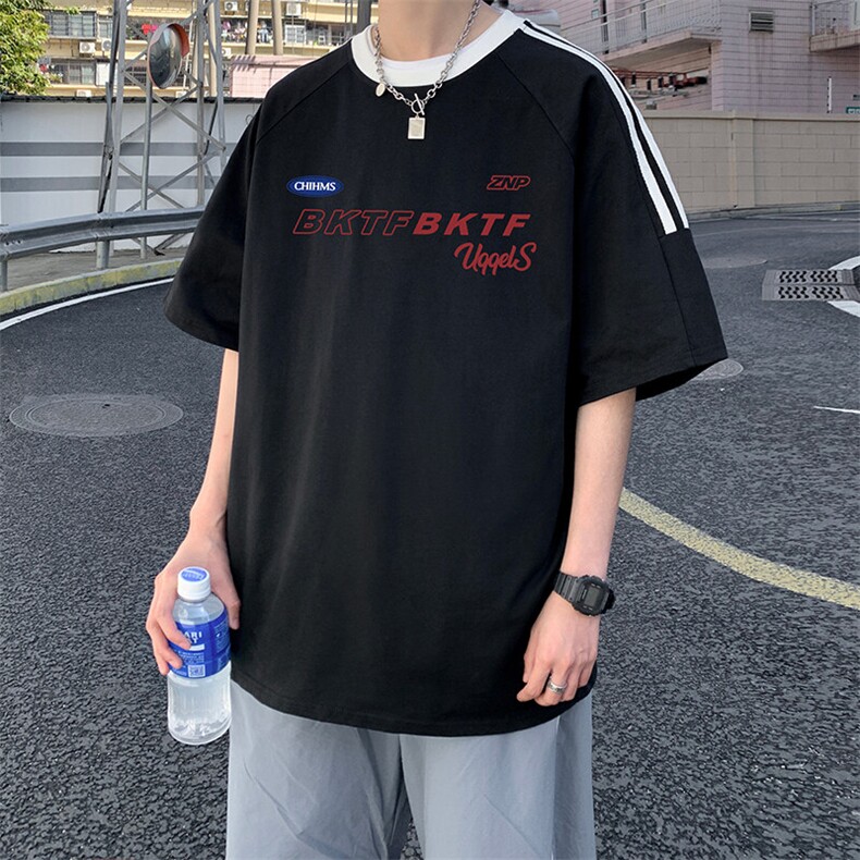 夏季美式高街重磅纯棉三条杠织带撞色男女短袖T恤ZD639-特P30,男装T恤,电商A486-1