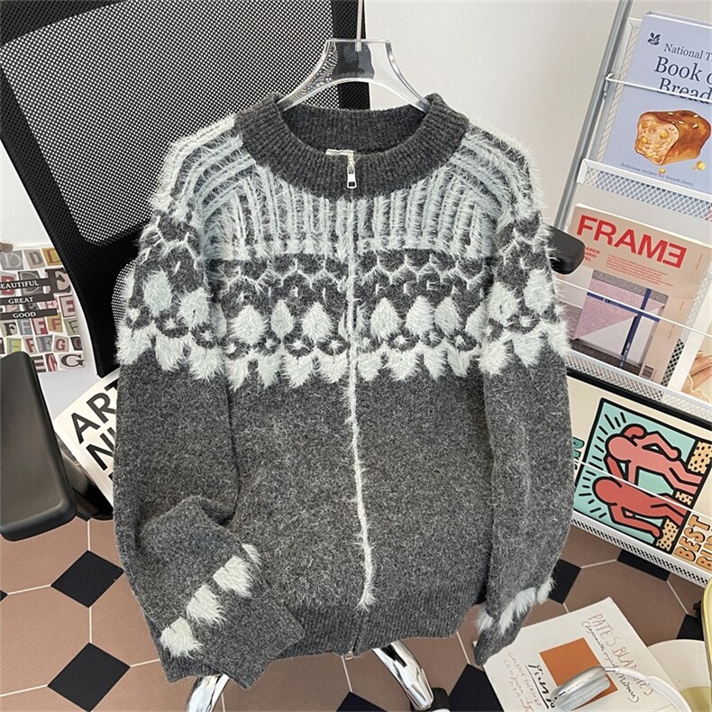 MY414-P62费尔岛毛衣外套女秋季撞色氛围感长毛针织开衫宽松长袖，男装针织衫/毛衣，电商B323A