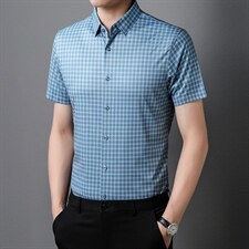 夏季新款格子衬衫男冰丝短袖商务休闲寸衫中年男士爸爸衬衣，男装衬衫，电商B212（原钱塘6029）