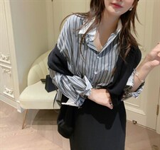 新版条纹衬衫，女装衬衫，唇蔻