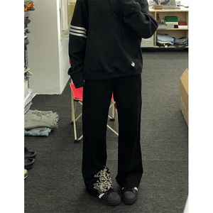 高街刺绣黑色牛仔裤春秋季高腰显瘦宽松直筒阔腿长裤 N7702图片