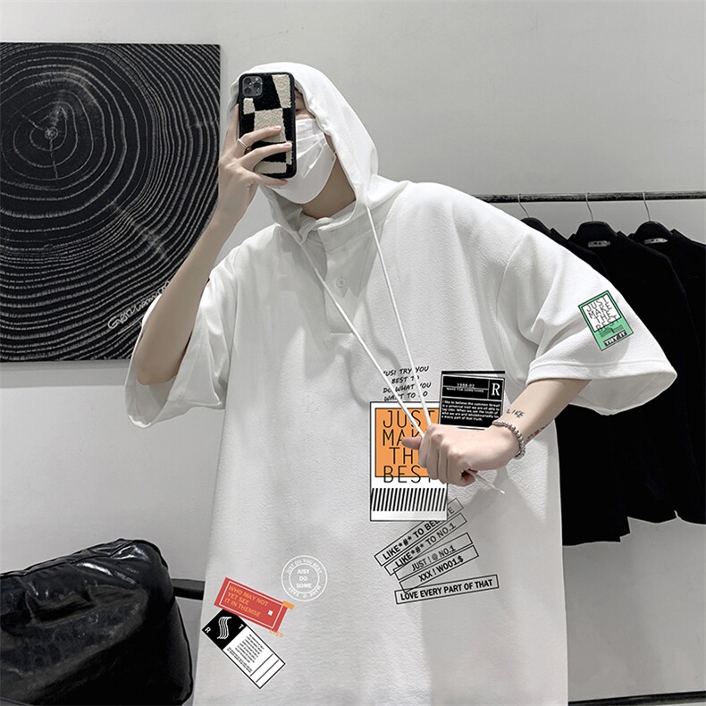 LD54121-P45连帽短袖t恤男大码胖子带帽五分袖中袖大皂风,男装T恤,电商A040