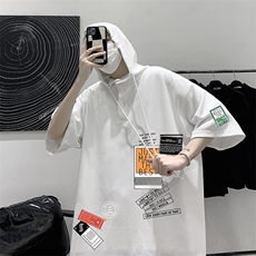 LD54121-P45连帽短袖t恤男大码胖子带帽五分袖中袖大皂风，男装T恤，电商A040