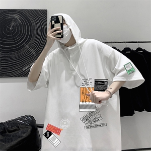 LD54121-P45 连帽短袖t恤男大码胖子带帽五分袖中袖 大皂风图片