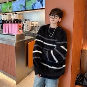水貂绒条纹毛衣男冬季加厚慵懒风外套秋冬款韩系马海毛针织衫7170图片