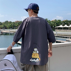 YT26090-P30亚麻短袖t恤男大码五分袖男宽松七分袖港风模特，男装T恤，电商A040