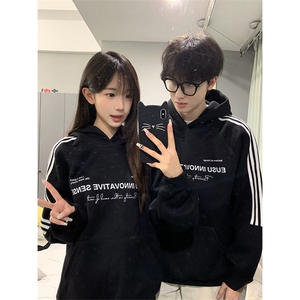 抖音得物品质480克全棉加绒织带连帽印花卫衣三条杠针织卫衣A0405图片