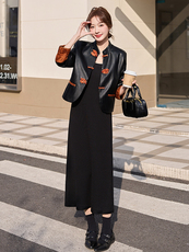 水洗皮直筒型长袖春季短款皮衣排扣大码韩系温婉风春秋显瘦气质，女装皮衣，依万里