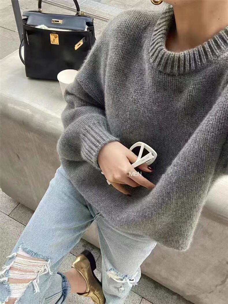 秋季新款舒适显瘦时尚百搭啃豆三股中道套头衫,女装羊毛衫,恒恩羊绒