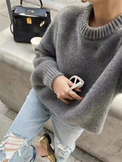 秋季新款舒适显瘦时尚百搭啃豆三股中道套头衫，女装羊毛衫，恒恩羊绒