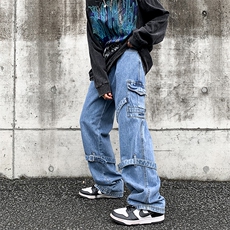 美式绑带牛仔裤男感欧美高街裤vibe裤子宽松直筒长裤N01122-P55，男装牛仔裤，星座308B-1