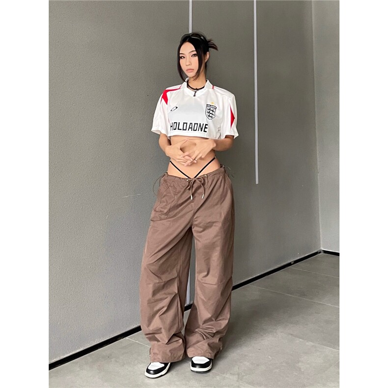 美式辣妹复古街头抽绳工装裤嘻哈街舞宽松阔腿降落伞裤图片