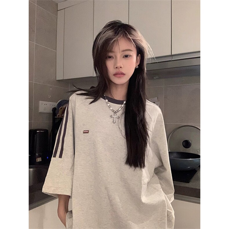 抖音得物供货240克宽松纯棉美式潮牌印花三杠半织带短袖T恤AT1606,男装T恤,电商A443