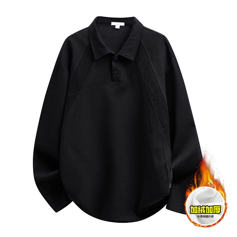 抖音得物高品质美式高街重磅曼巴棉结构螺纹拼接翻领卫衣长袖T恤，男装T恤，电商A486