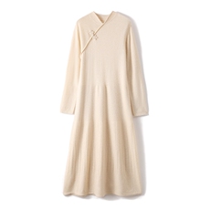 秋冬新款连衣裙女立领盘扣宽松气质羊毛针织过膝长裙，女装连衣裙，江南羊绒