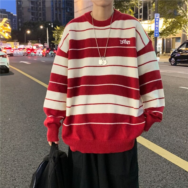 撞色条纹毛衣男秋季美式复古套头针织衫潮牌宽松情侣线衣外套图片