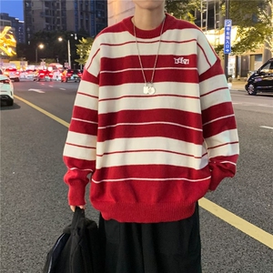 撞色条纹毛衣男秋季美式复古套头针织衫潮牌宽松情侣线衣外套,彩妆色衣服怎么搭配图片