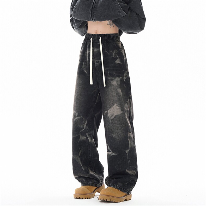 B221美式ins高街抽绳宽松扎染直筒牛仔裤LK24354-特P45控78，男装牛仔裤，电商B221
