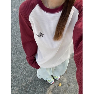 DD328P48 日潮美式校园撞色插肩拼色男女圆领华夫格打底长袖T恤图片