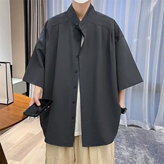 黑色短袖衬衫男高级感夏季潮牌潮流新中式男装衬衣廓形垂感外套，男装衬衫，星座601-1