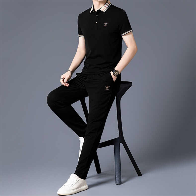 HP5091夏季新款男士休闲套装刺绣男装百搭二件套翻领,男装休闲套装,电商B360